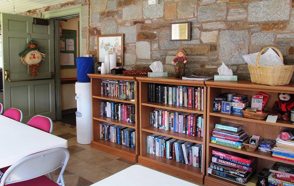 A cozy reading area with wooden bookshelves filled with various books.