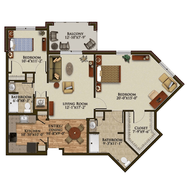A detailed floor plan of a two-bedroom apartment with designated areas for the living room, kitchen, and dining space.
