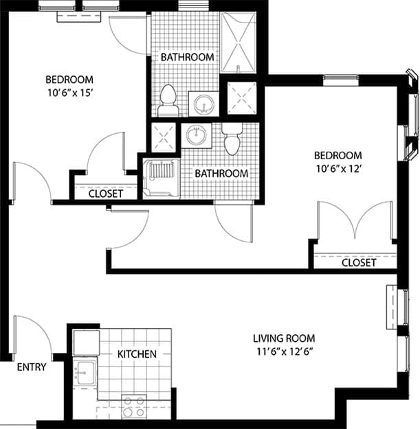A floor plan of a two-bedroom apartment with designated kitchen, living room, and bathroom areas.