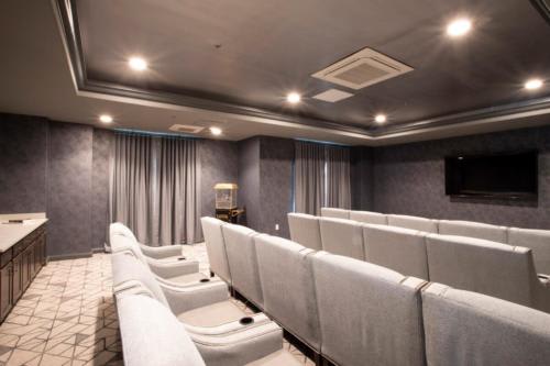 Luxurious home theater with comfortable seating and dim lighting.