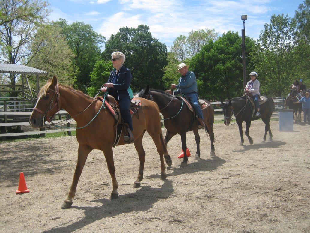 A group of people enjoying a horseback riding session outdoors on a sunny day.