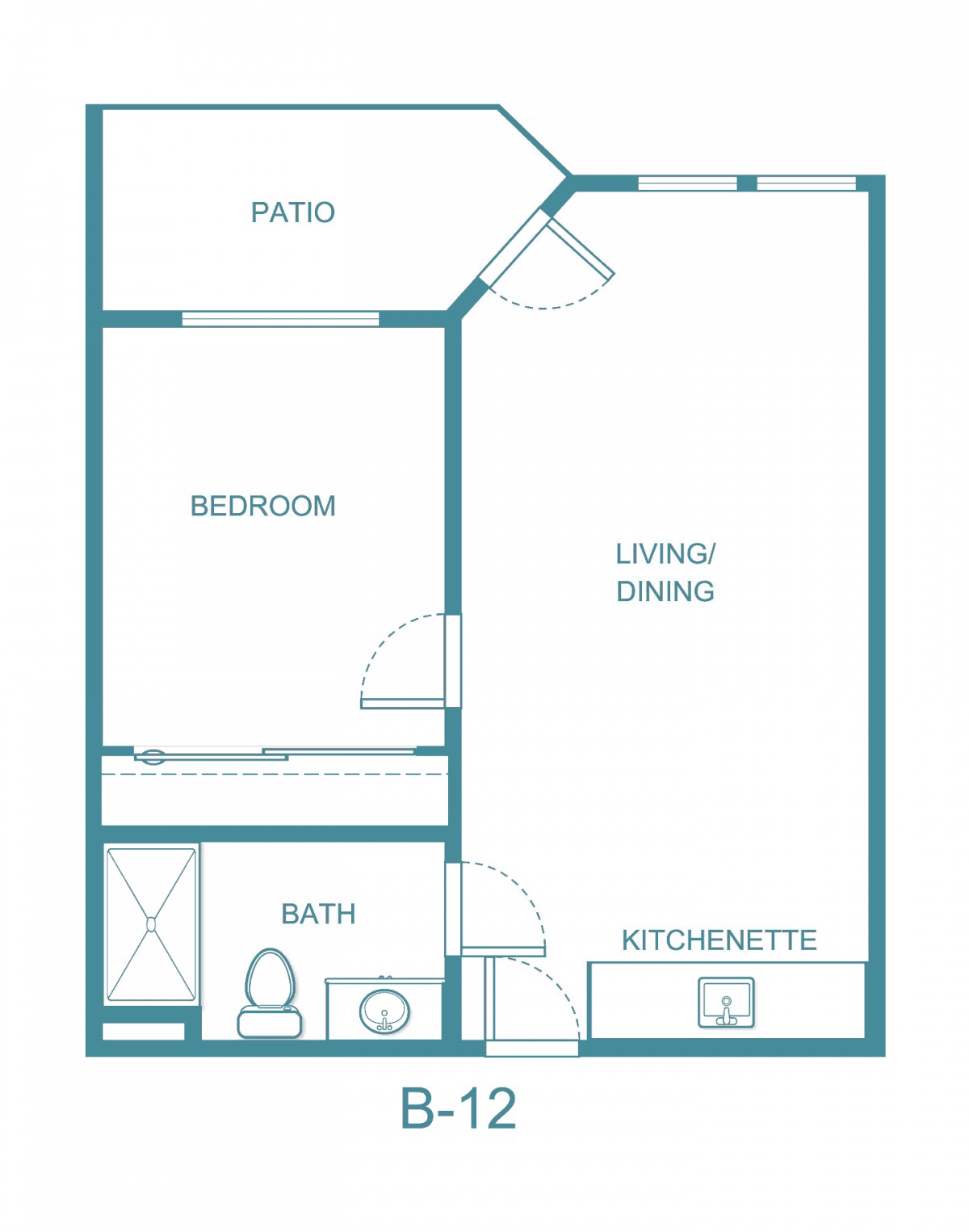 A floor plan of a one-bedroom apartment featuring a living/dining area, kitchenette, bathroom, and patio.