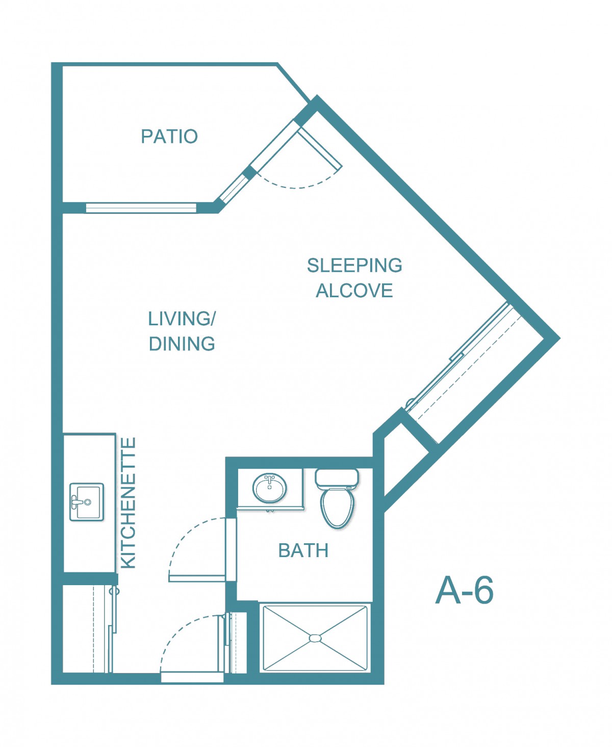 Floor plan of a studio apartment with a living/dining area, sleeping alcove, bathroom, and patio.