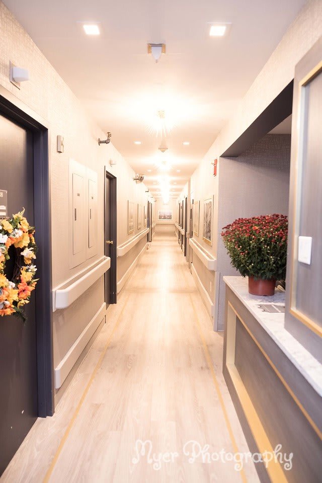 A well-lit hallway with decorative elements such as a wreath on the door and a potted plant on the counter.