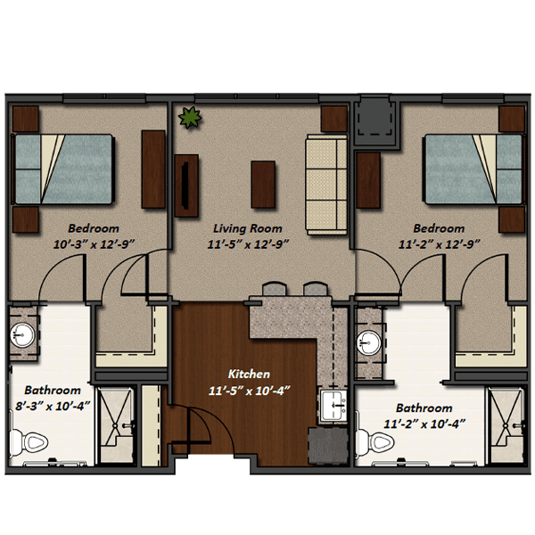 This floor plan depicts a two-bedroom apartment with a central living room, kitchen, and two bathrooms.