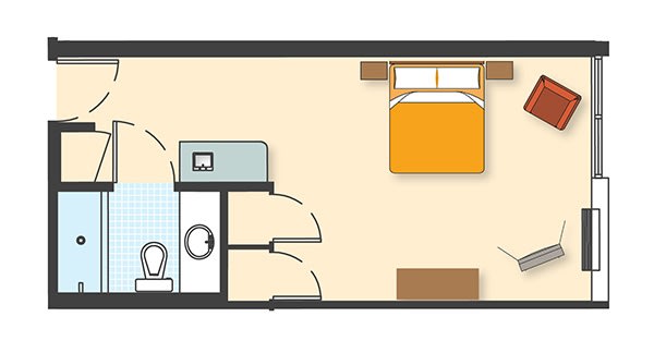 A floor plan of a small living space featuring a bedroom and an attached bathroom.