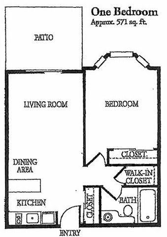 A floor plan of an apartment featuring a living room, bedroom, kitchen, dining area, walk-in closet, bathroom, and patio.