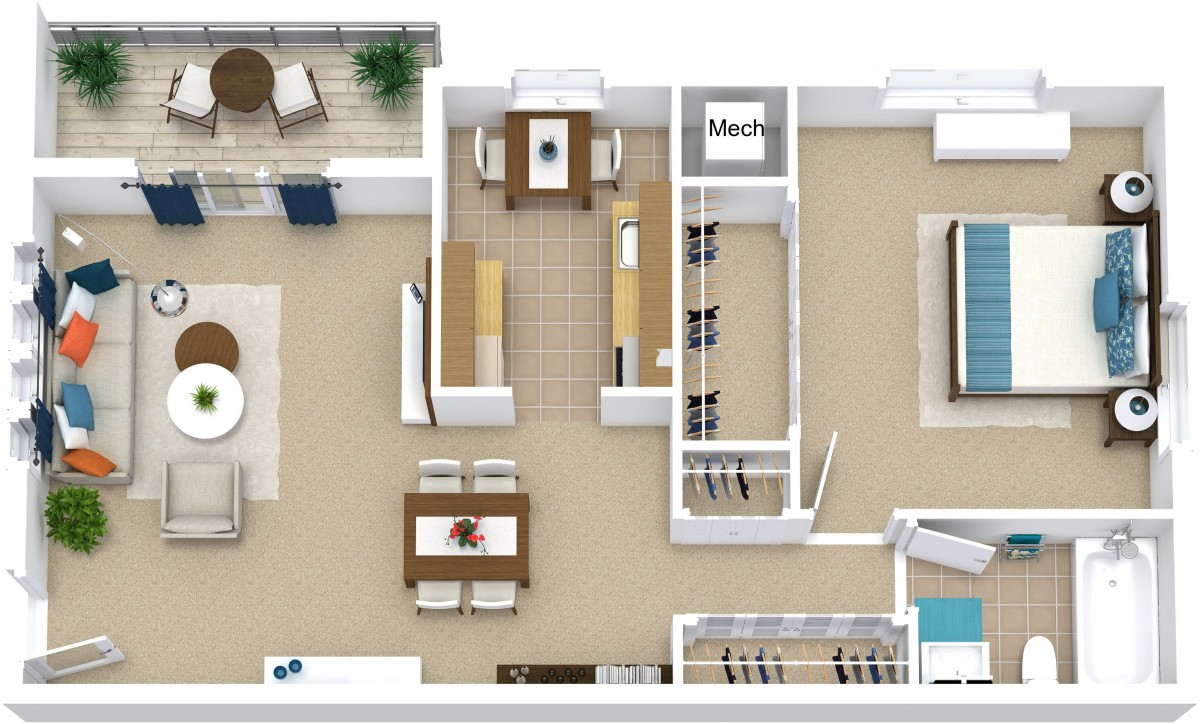 A detailed floor plan showcasing an apartment layout with designated areas for a living room, kitchen, and bedroom.