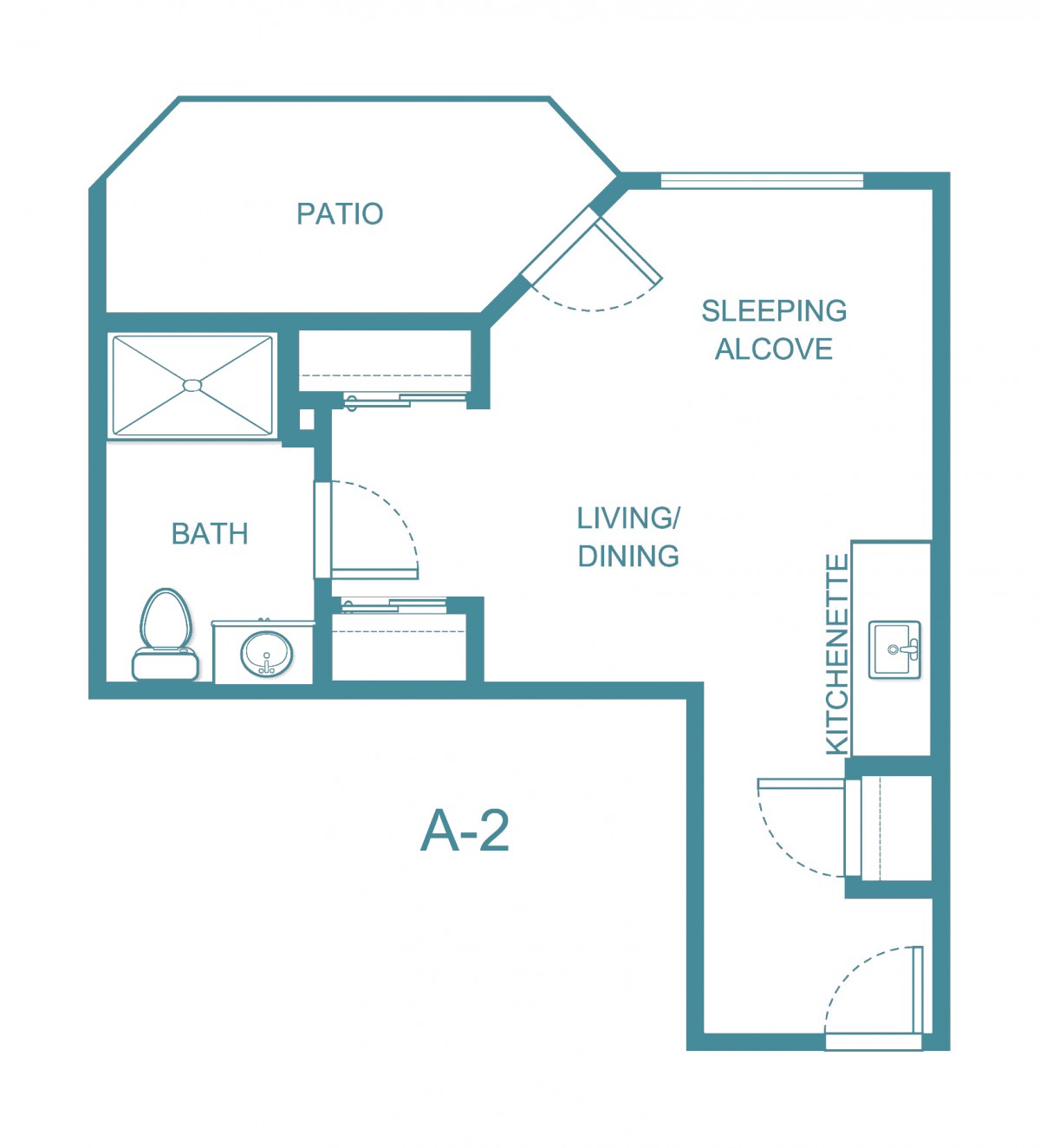 Studio apartment floor plan with patio and sleeping alcove.