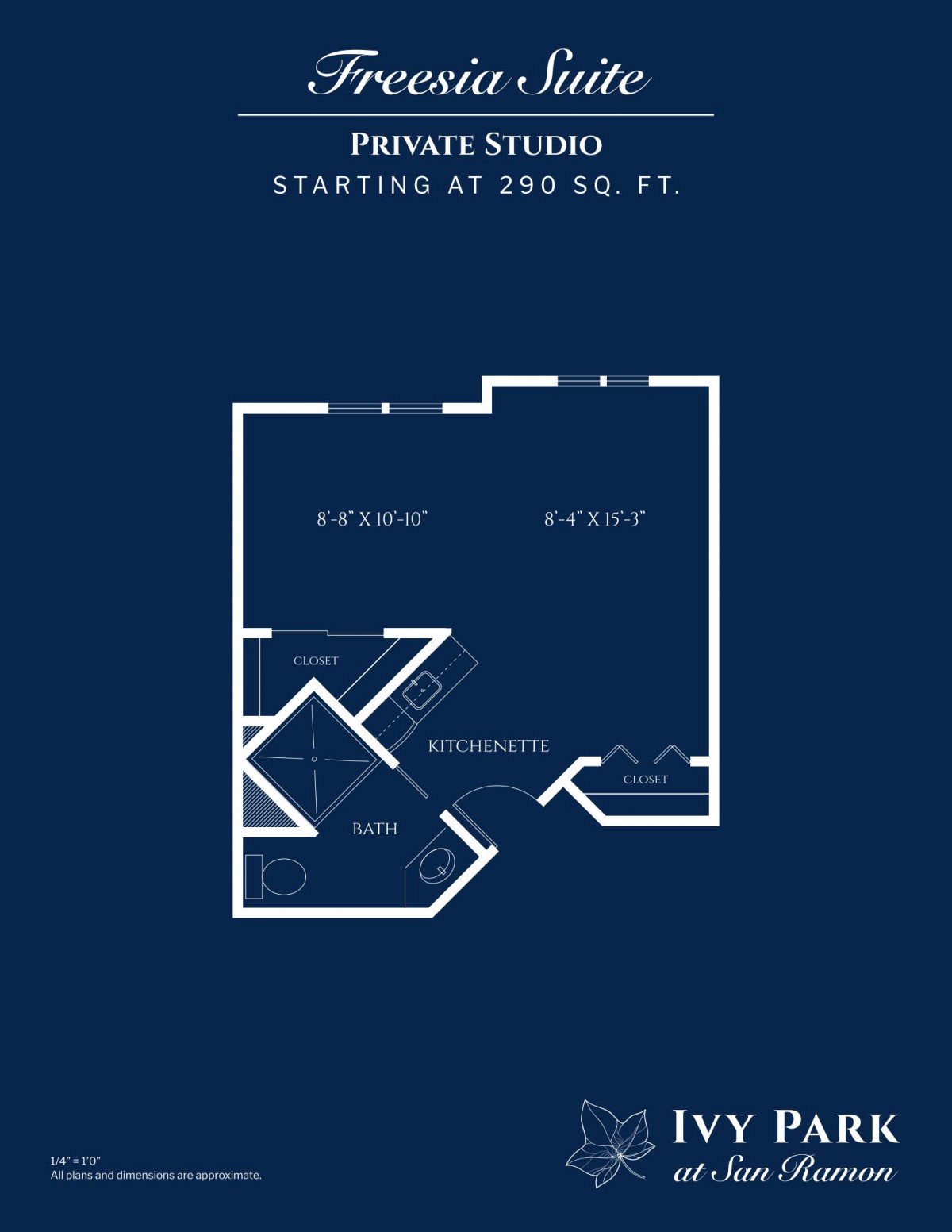 A blueprint of a private studio starting at 250 sq. ft.