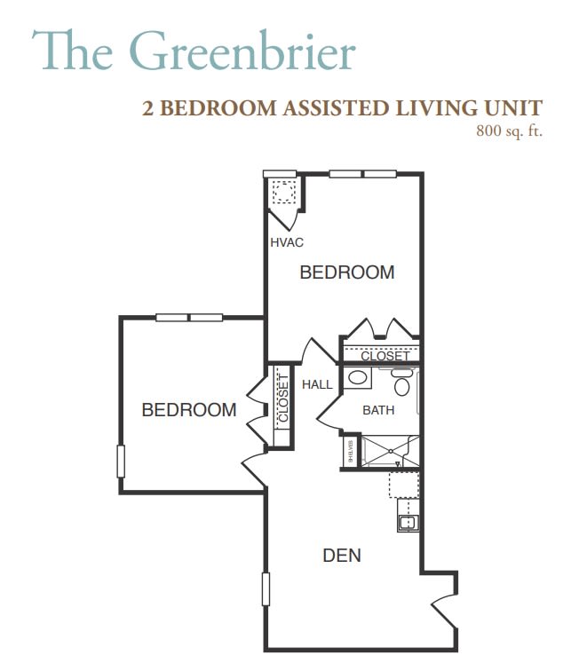 The Greenbrier assisted living unit floor plan featuring one bedroom and a den.