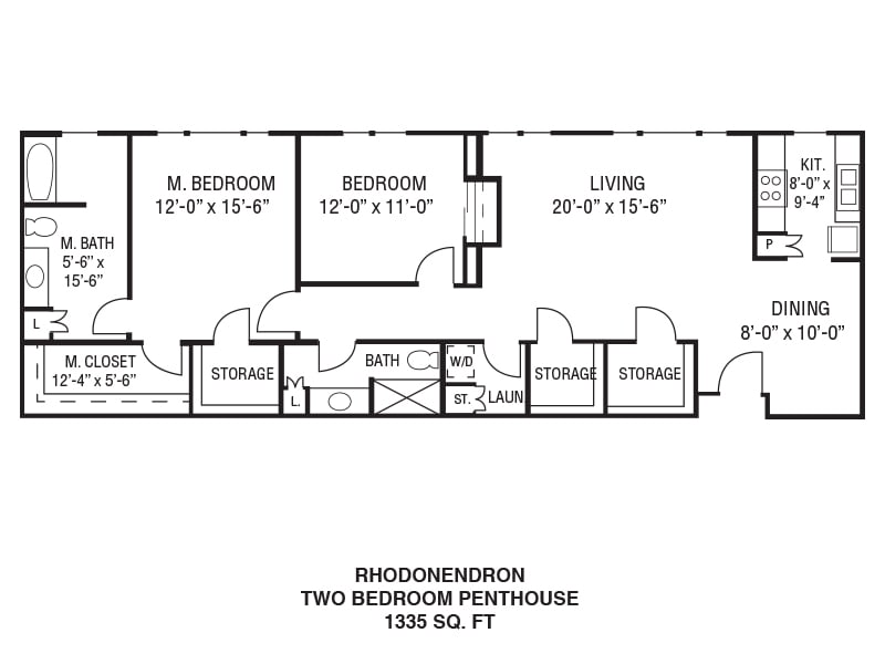 Floor plan of a two-bedroom penthouse apartment measuring 1229 sq. ft.