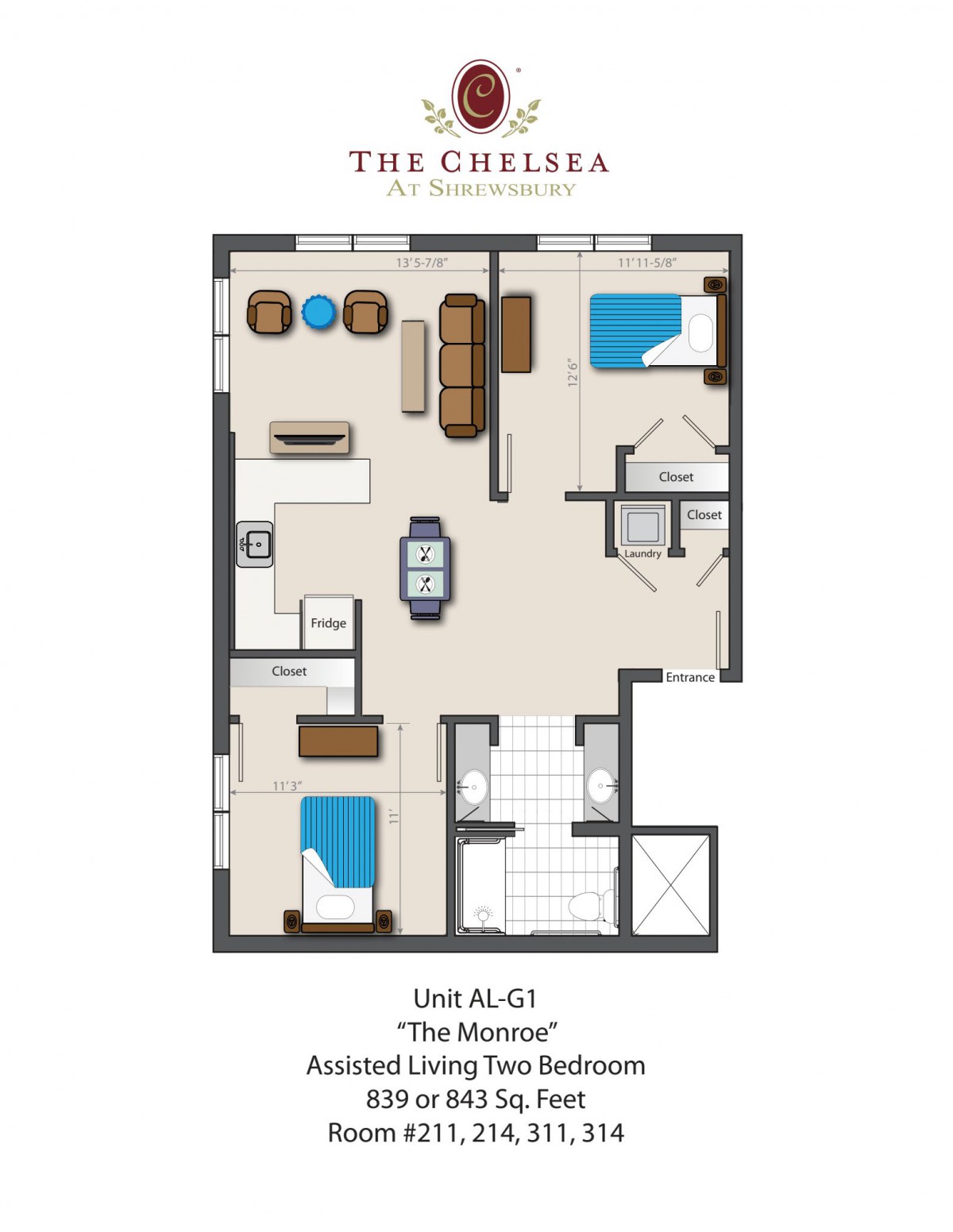 Floor plan of 'The Madison' assisted living unit at The Chelsea, featuring two bedrooms, a living area, kitchen, and bathroom.