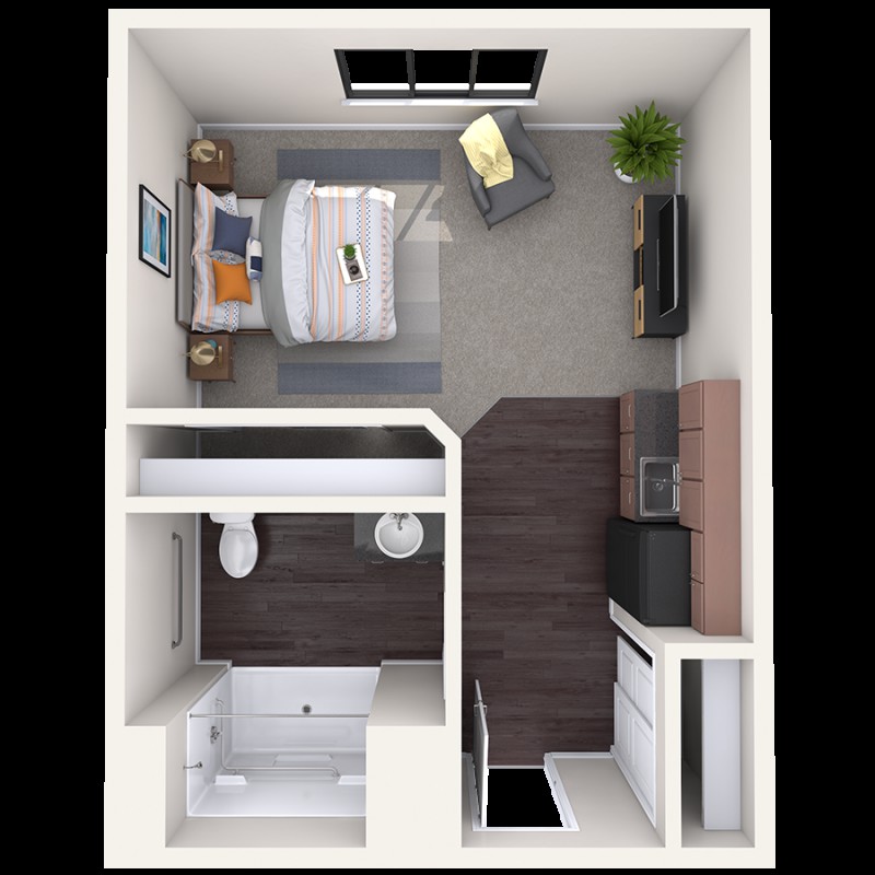 A compact apartment floor plan showcasing a bedroom, bathroom, and living area with modern furnishings.
