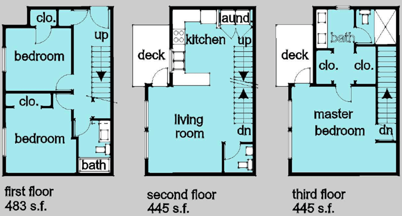 Three-floor residential layout with labeled areas for bath, living room, kitchen, and deck.