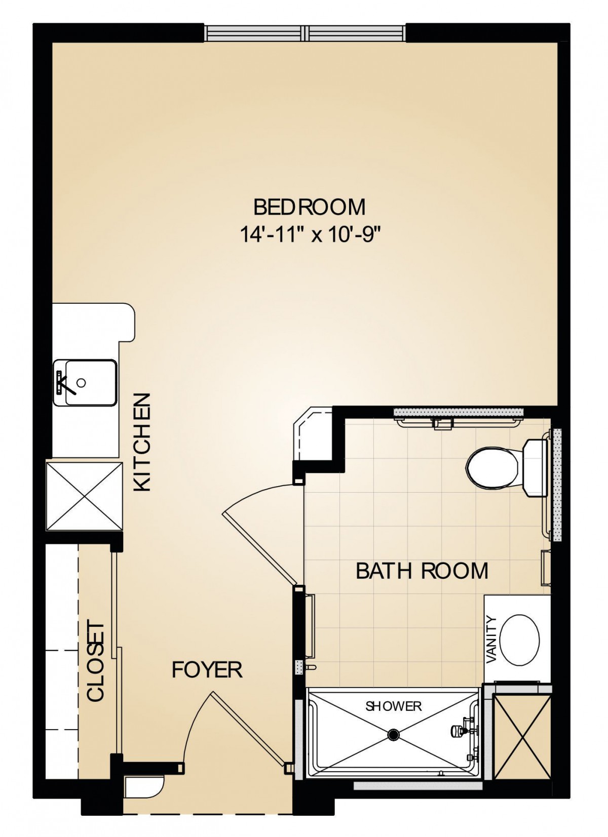 A studio apartment floor plan with a bedroom, bathroom, kitchen, and foyer.