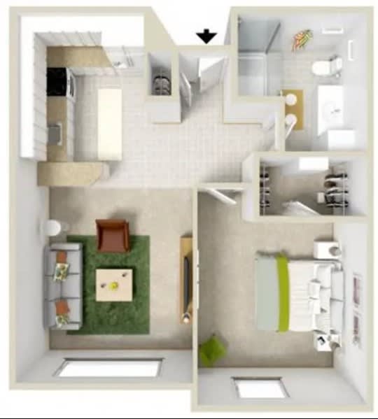 A top-view floor plan of a one-bedroom apartment featuring a living room, kitchen, and bathroom.