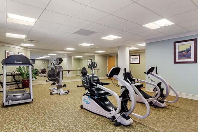 A well-equipped gym with exercise bikes and various fitness machines.