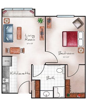 A simple one-bedroom apartment floor plan with a living room, kitchenette, bathroom, and bedroom.