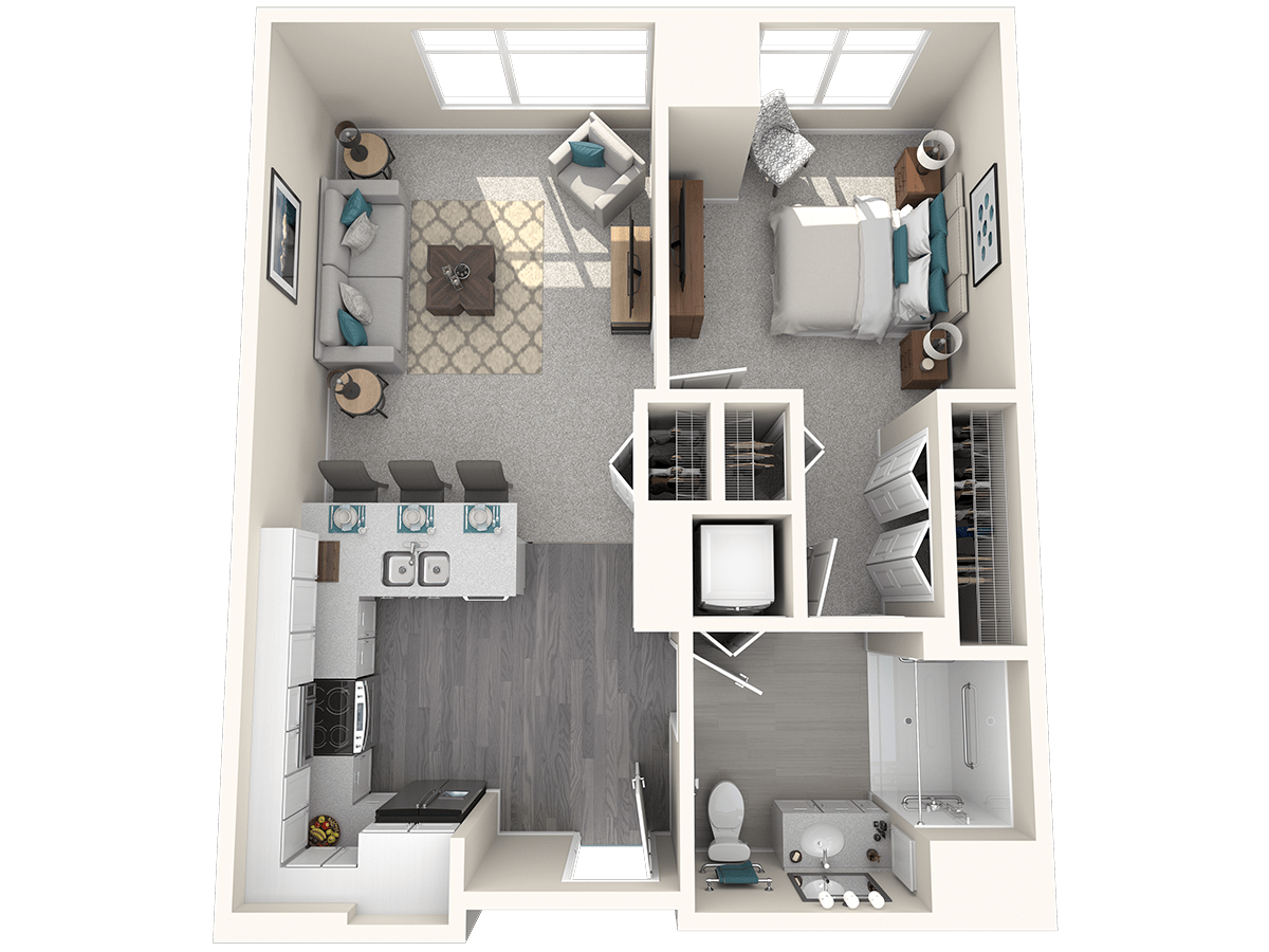 A 3D floor plan of a one-bedroom apartment featuring an open kitchen, a living area, and a bathroom.