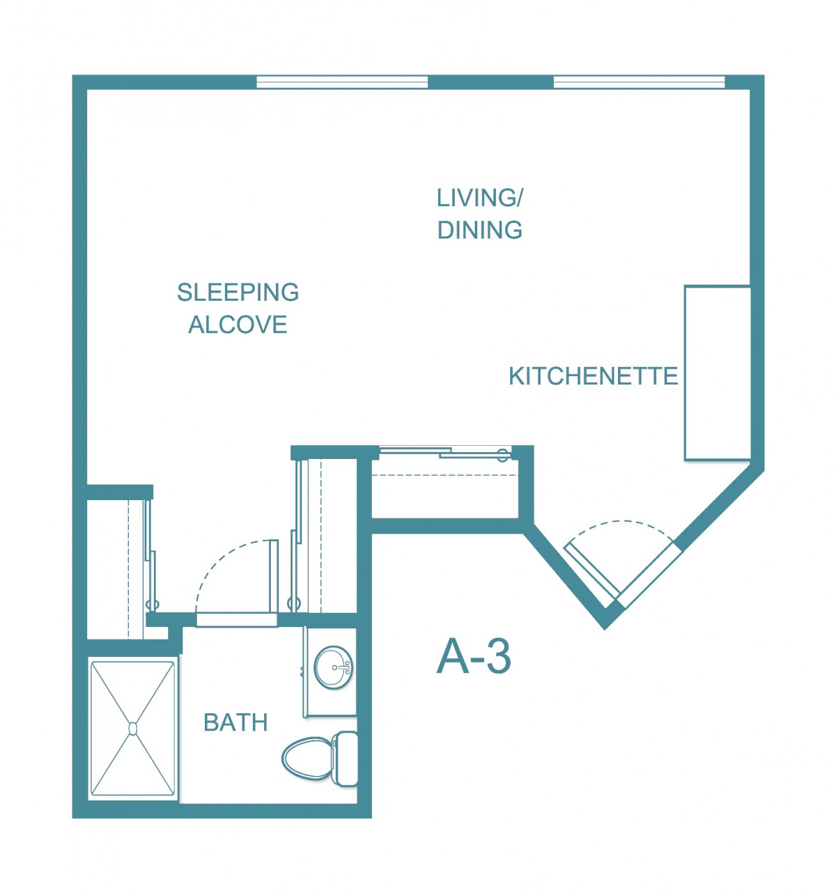 Studio apartment floor plan with a living/dining area, sleeping alcove, kitchenette, and bathroom.