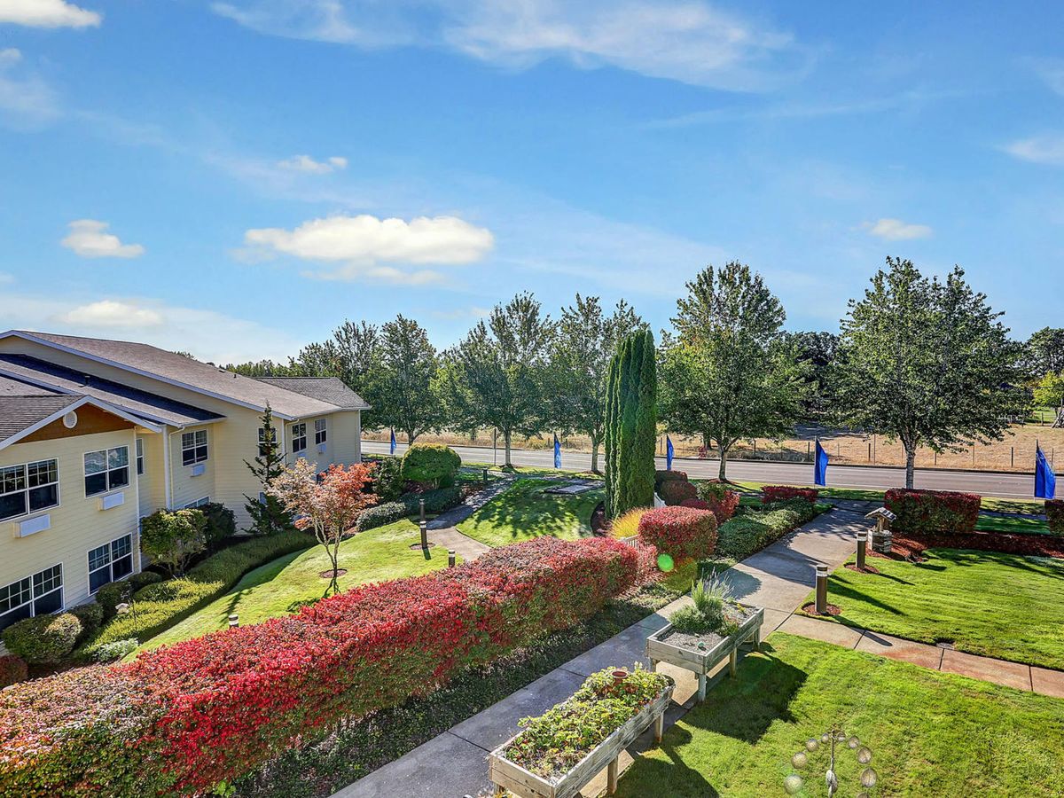 A serene garden view with a house, surrounded by trees and colorful bushes under a partly cloudy sky.