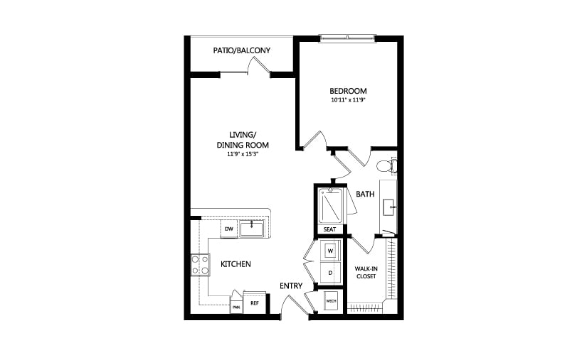 Floor plan of a one-bedroom apartment with kitchen, living room, bathroom, and closet.