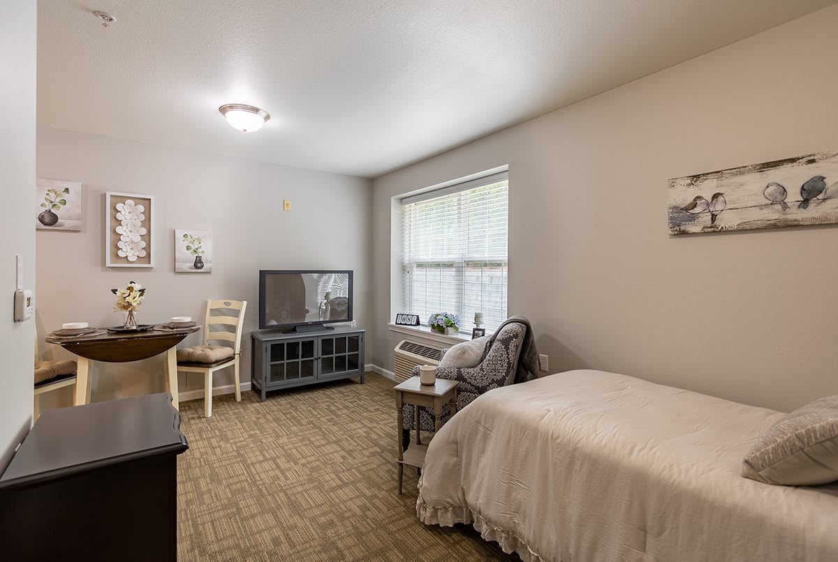 Cozy bedroom with a bed, TV, and comfortable seating by the window.