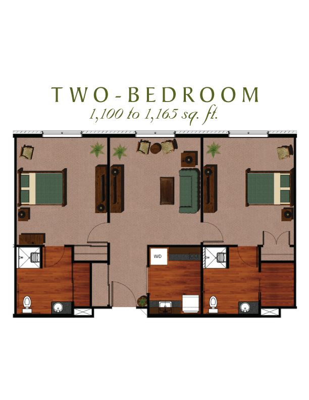 A floor plan of a two-bedroom apartment ranging from 1,100 to 1,405 square feet.