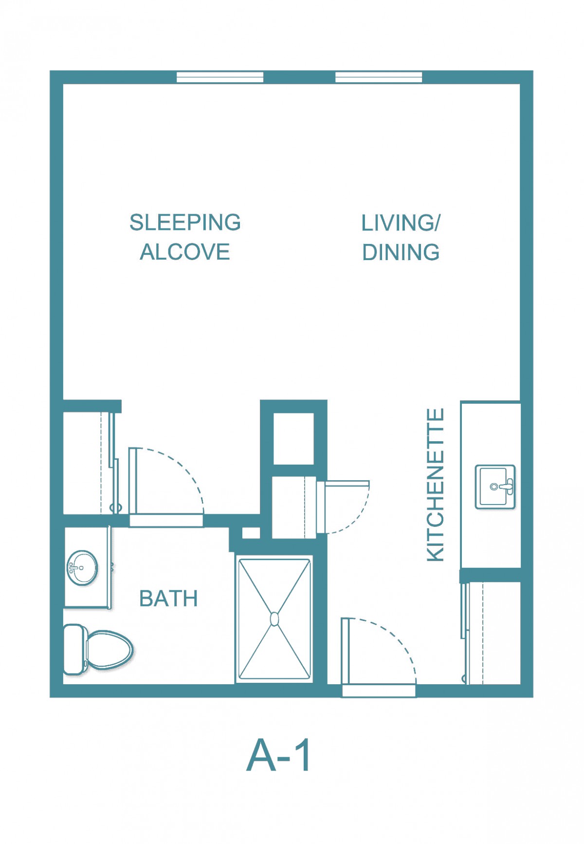 Blueprint of a studio apartment layout with designated areas for sleeping, living/dining, kitchenette, and bath.