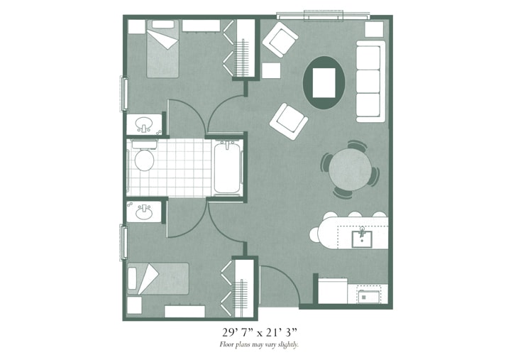 A floor plan of an apartment featuring a living room, kitchen, bedroom, and bathroom.