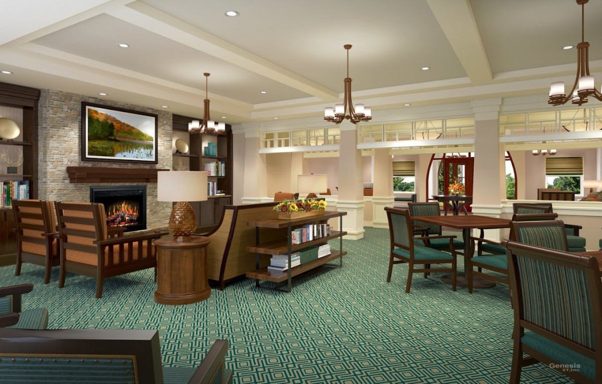 A spacious, elegantly designed living room featuring a fireplace and dining area.