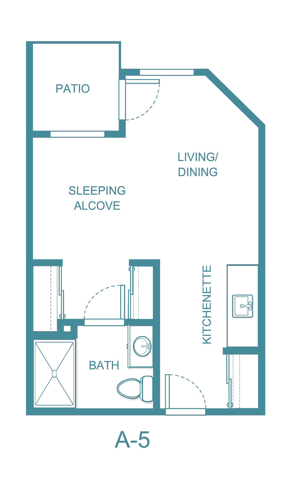 Floor plan of a studio apartment with labeled areas for living/dining, sleeping alcove, kitchenette, and bath.