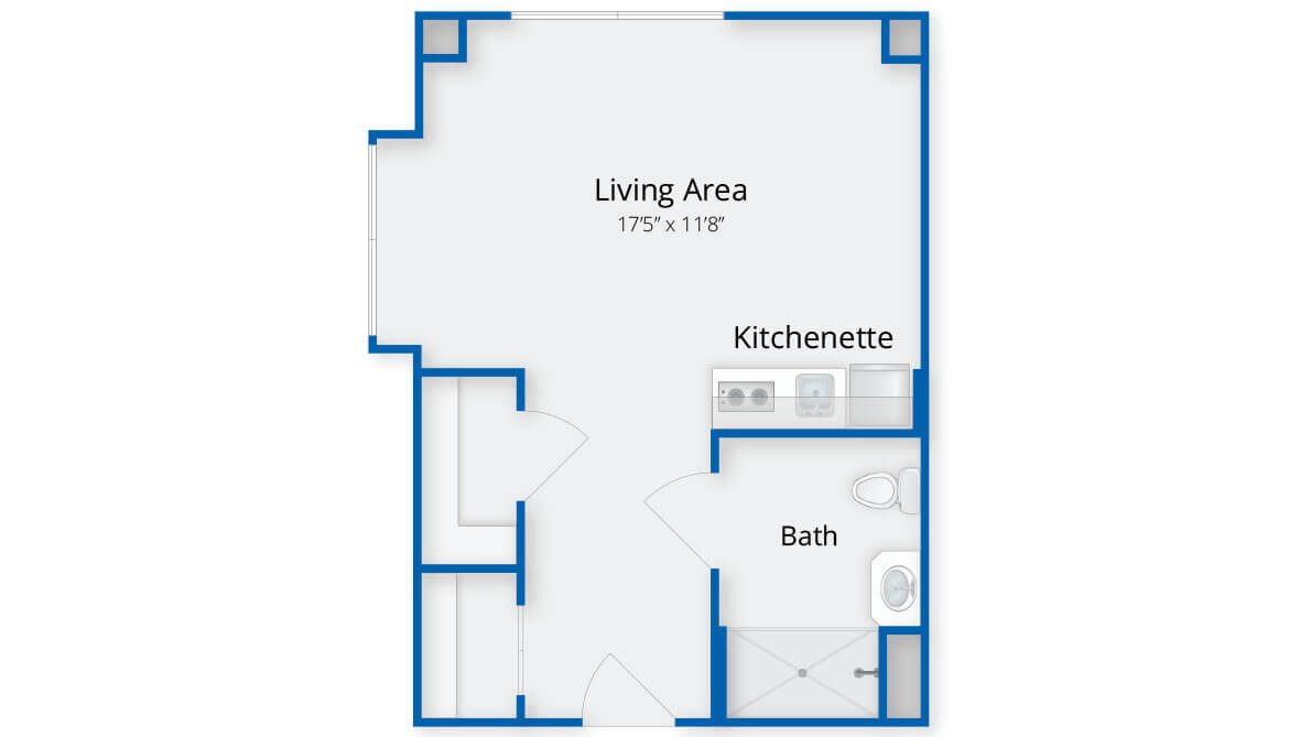 A floor plan of a studio apartment with a living area, kitchenette, and bathroom.