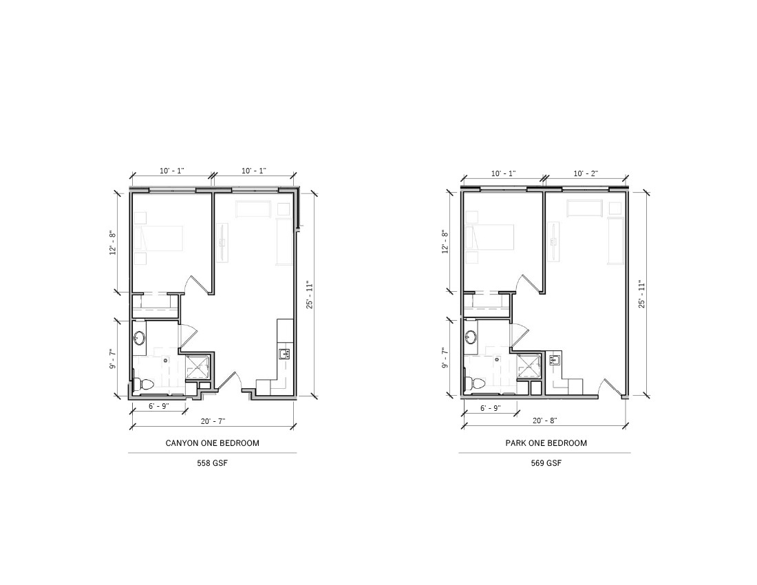 Two architectural floor plans of residential units with measurements and layout details.