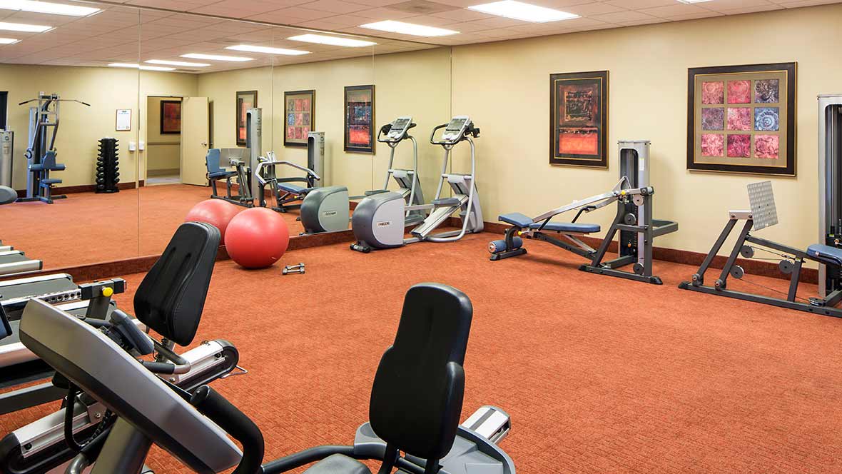 A well-equipped gym with various exercise machines and equipment.