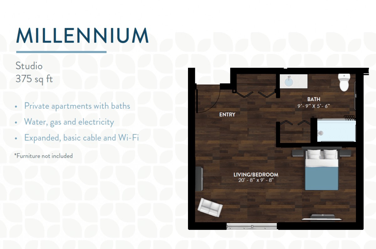 Studio apartment floor plan with labeled areas.
