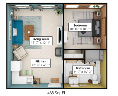 A compact 468 sq. ft. apartment floor plan featuring a living area, kitchen, bedroom, and bathroom.