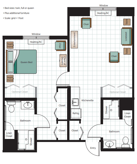 A floor plan of a two-bedroom, one-bath apartment with a kitchen and living room.