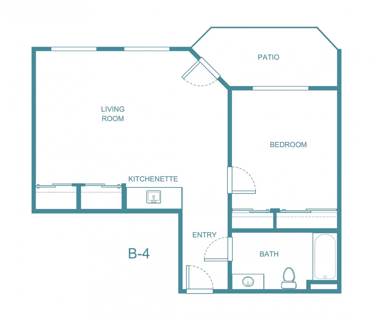 This is a floor plan of an apartment featuring a living room, bedroom, kitchenette, patio, and bathroom.