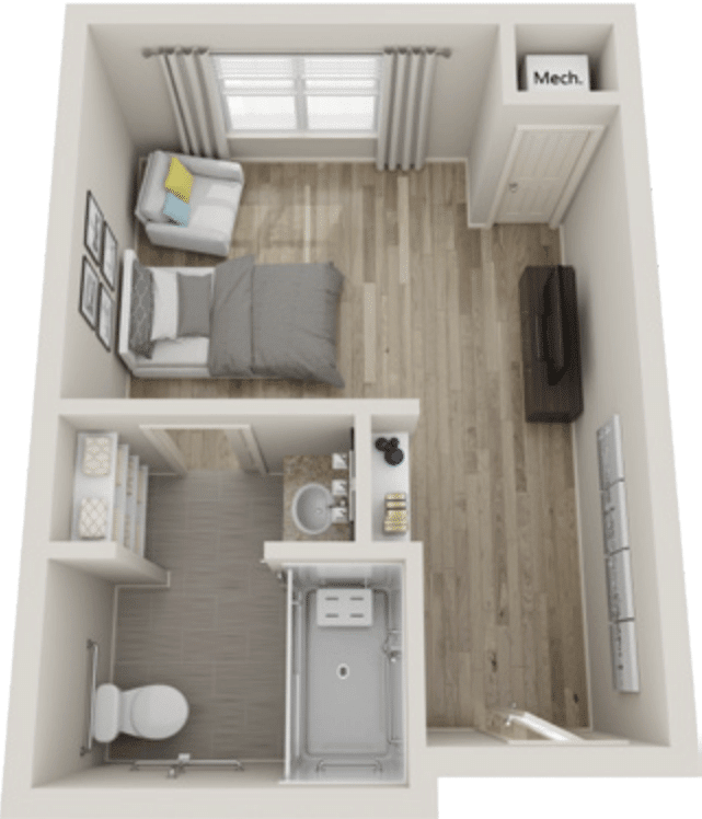 A 3D floor plan of a compact studio apartment featuring a bedroom, bathroom, kitchenette, and living area.
