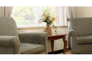 A cozy living room with armchairs and a small table adorned with a vase of flowers next to a bright window.