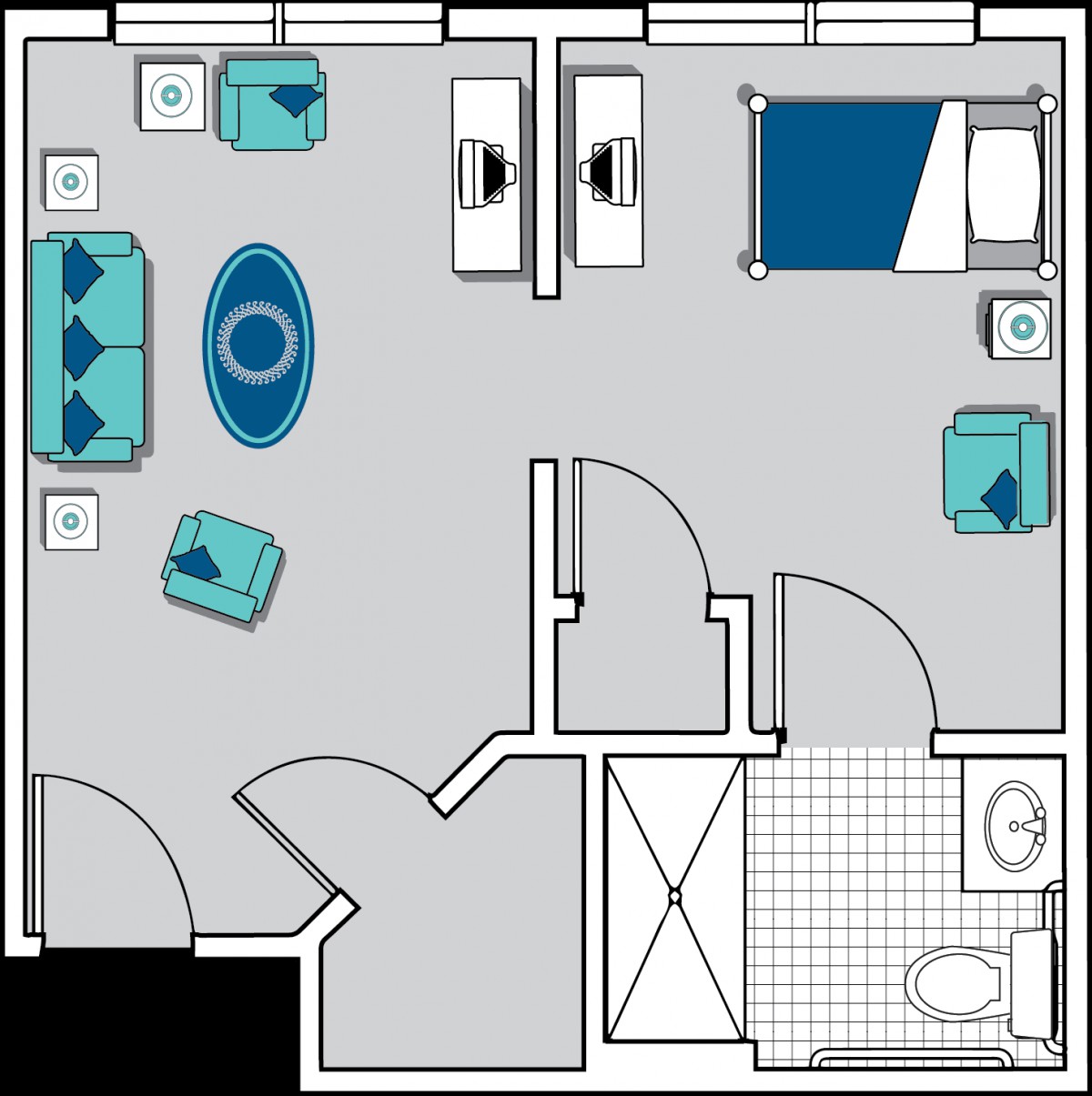 A floor plan of a one-bedroom apartment featuring a living room, separate bedroom, and bathroom.