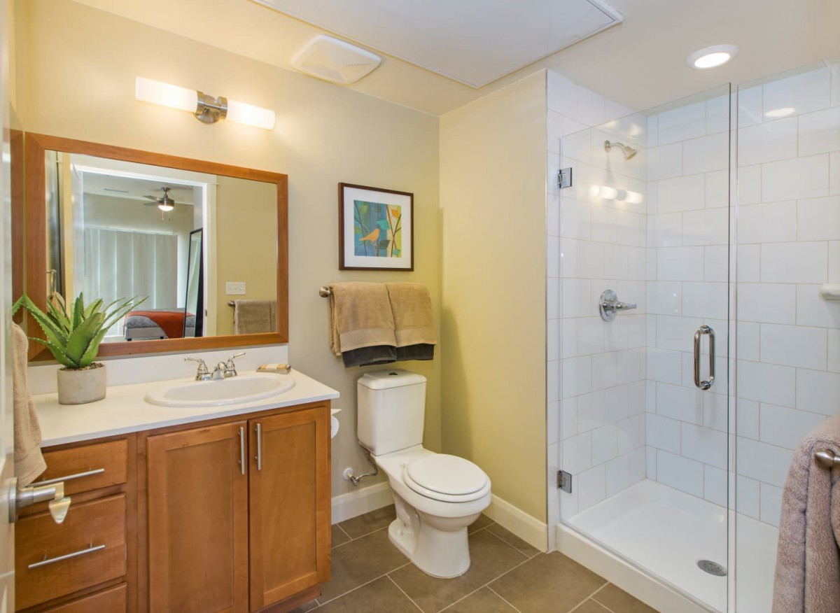 A modern bathroom with a shower, toilet, and wooden vanity.