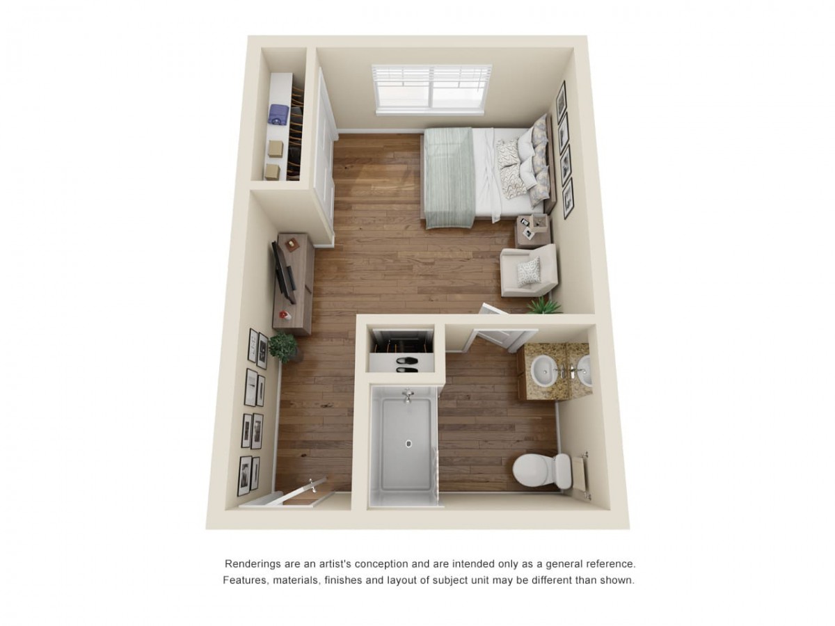 A 3D floor plan of a compact studio apartment featuring a bedroom, kitchen, and bathroom.