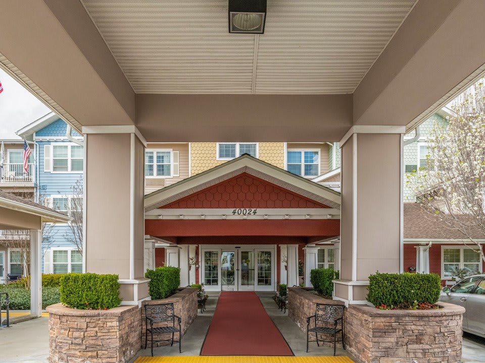 The entrance of a hotel with a red carpet and covered canopy.