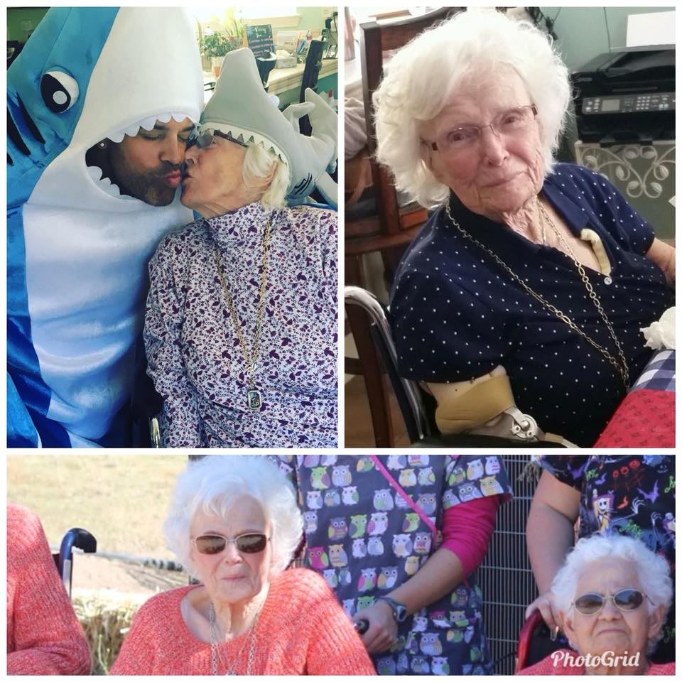 A joyful collage capturing family moments with a grandmother, featuring a man in a shark costume.