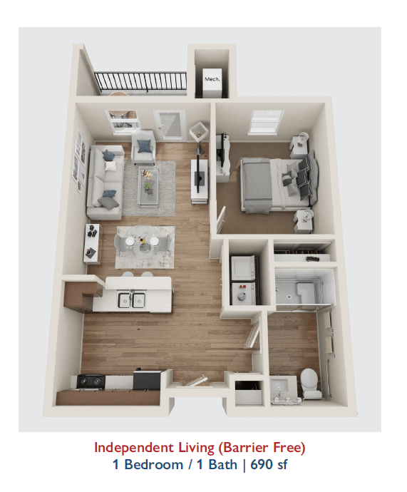 3D floor plan of a one-bedroom apartment layout.