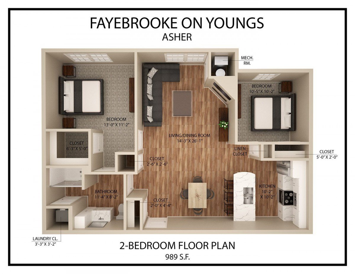 Floor plan of a 2-bedroom apartment at Fayebrooke on Youngs.