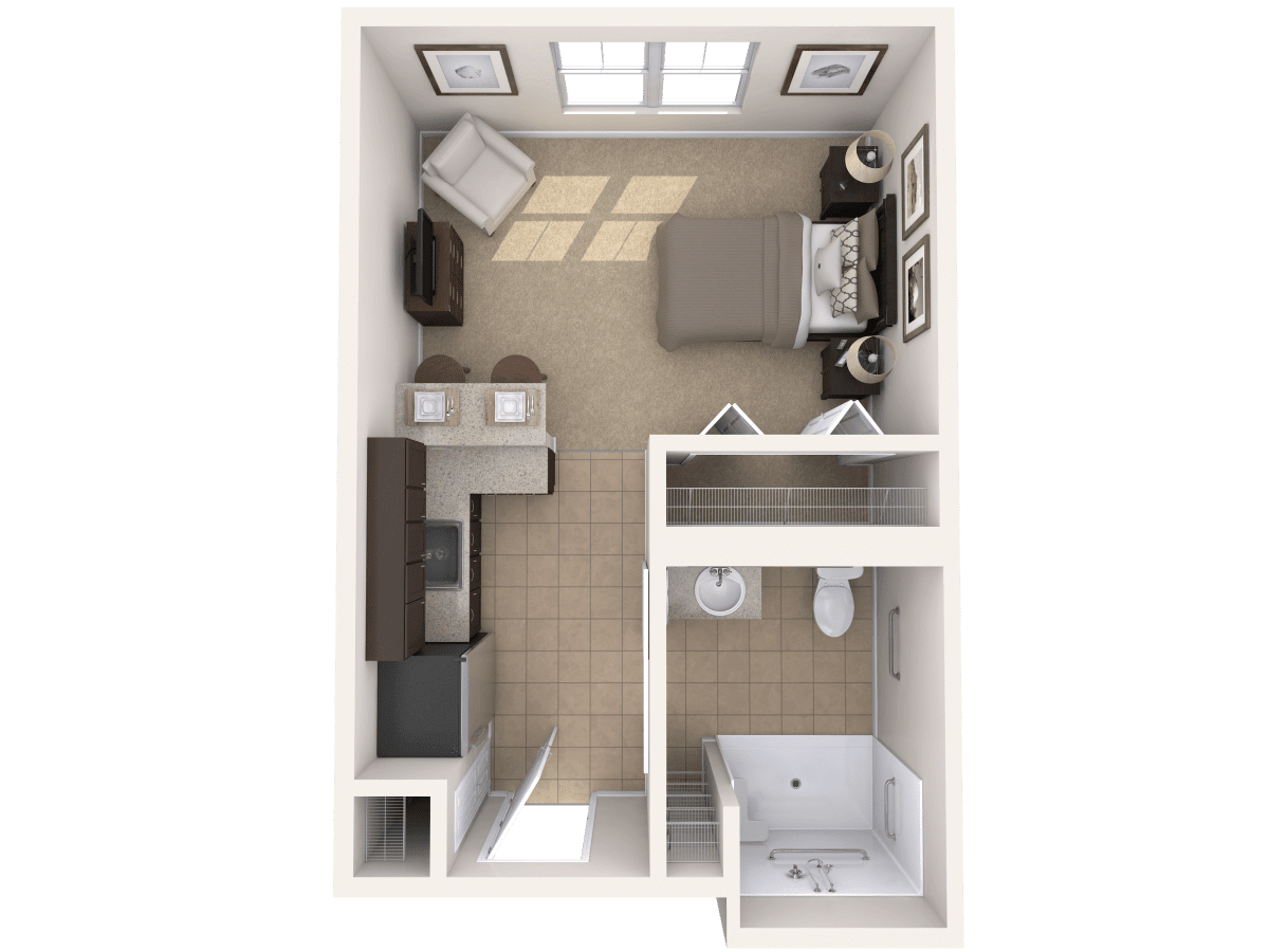 A compact studio apartment floor plan featuring a bedroom, small kitchen, and bathroom.